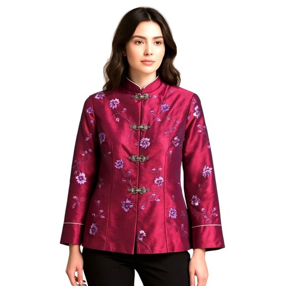 Zi Qing Ge Embroidered Floral Chinese Style Jacket Wine Purple Frog Closures LG - Picture 10 of 11